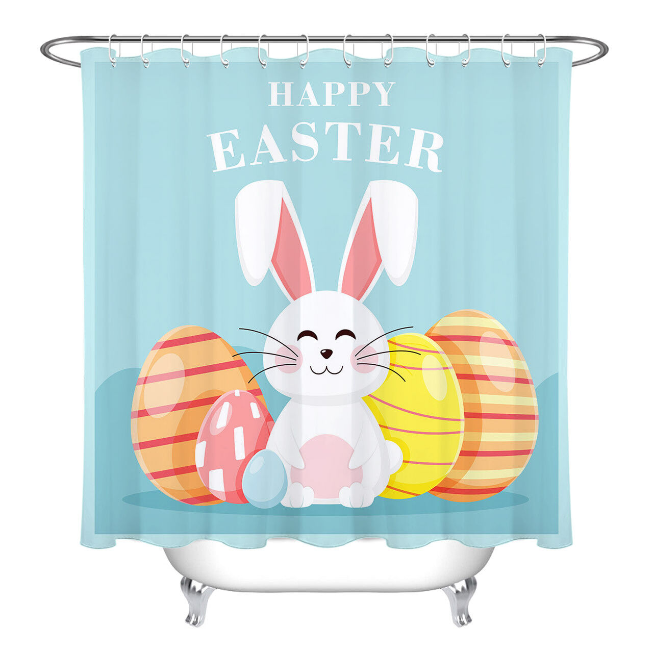 Cute Rabbit Colorful Eggs Shower Curtain - Waterproof Fabric Bathroom Decor for Easter