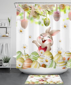 Cute Rabbit Easter Eggs Daisy Flora Print Shower Curtain Set For Your Bathroom
