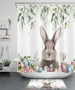 Cute Rabbit Easter Eggs Eucalyptus Leaf Shower Curtain For Whimsical Bathroom Decor