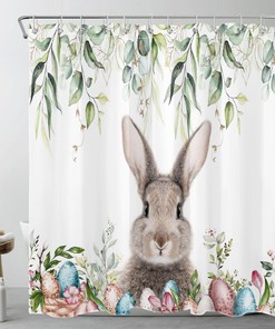 Cute Rabbit Easter Eggs Eucalyptus Leaf Shower Curtain For Whimsical Bathroom Decor