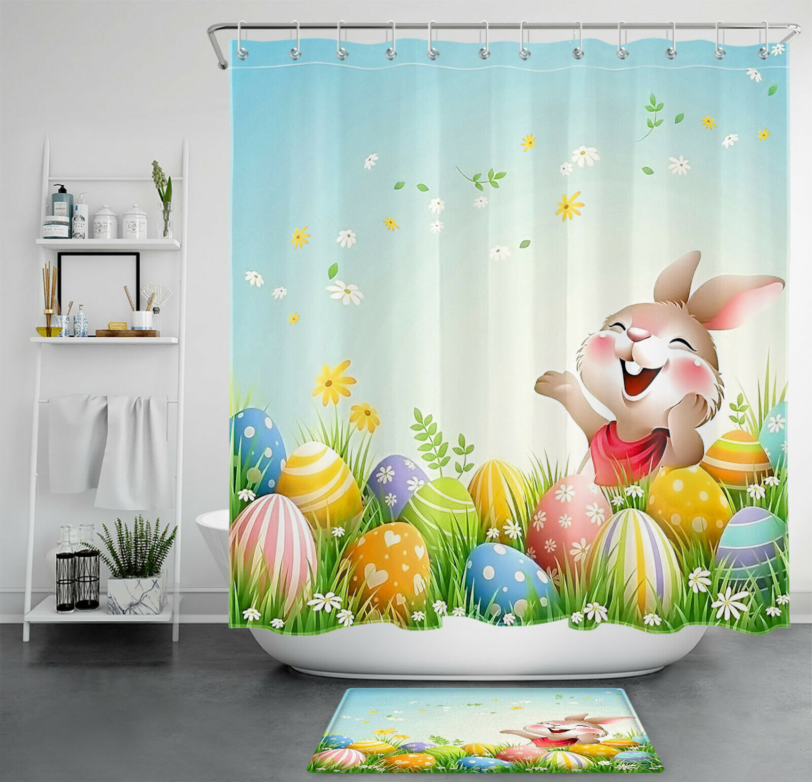 Cute Rabbit Easter Eggs Shower Curtain for Kids' Bathroom in Spring