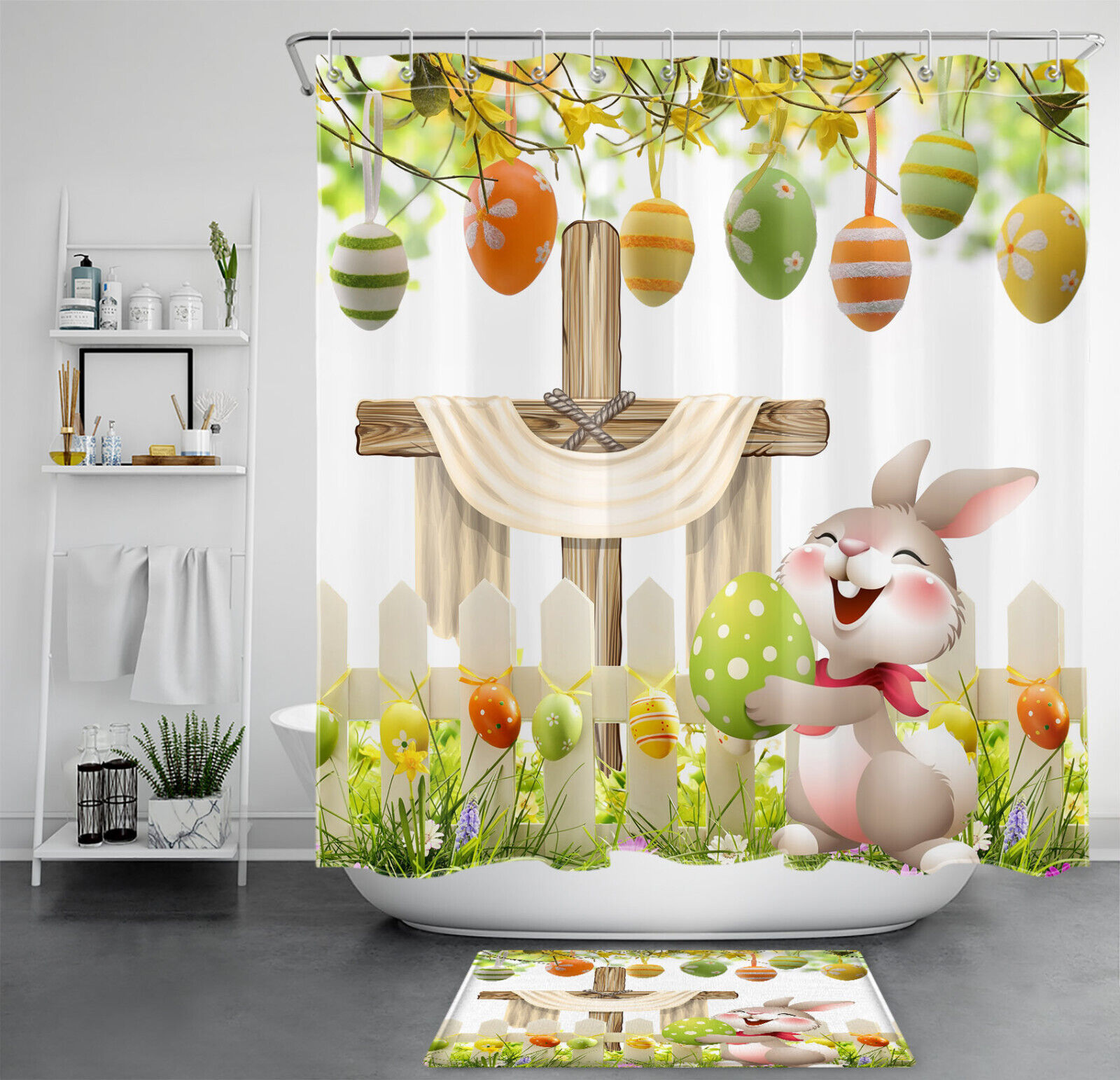 Cute Rabbit Easter Eggs Shower Curtain with Yellow Floral Design for a Festive Bathroom