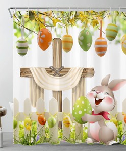 Cute Rabbit Easter Eggs Shower Curtain with Yellow Floral Design for a Festive Bathroom