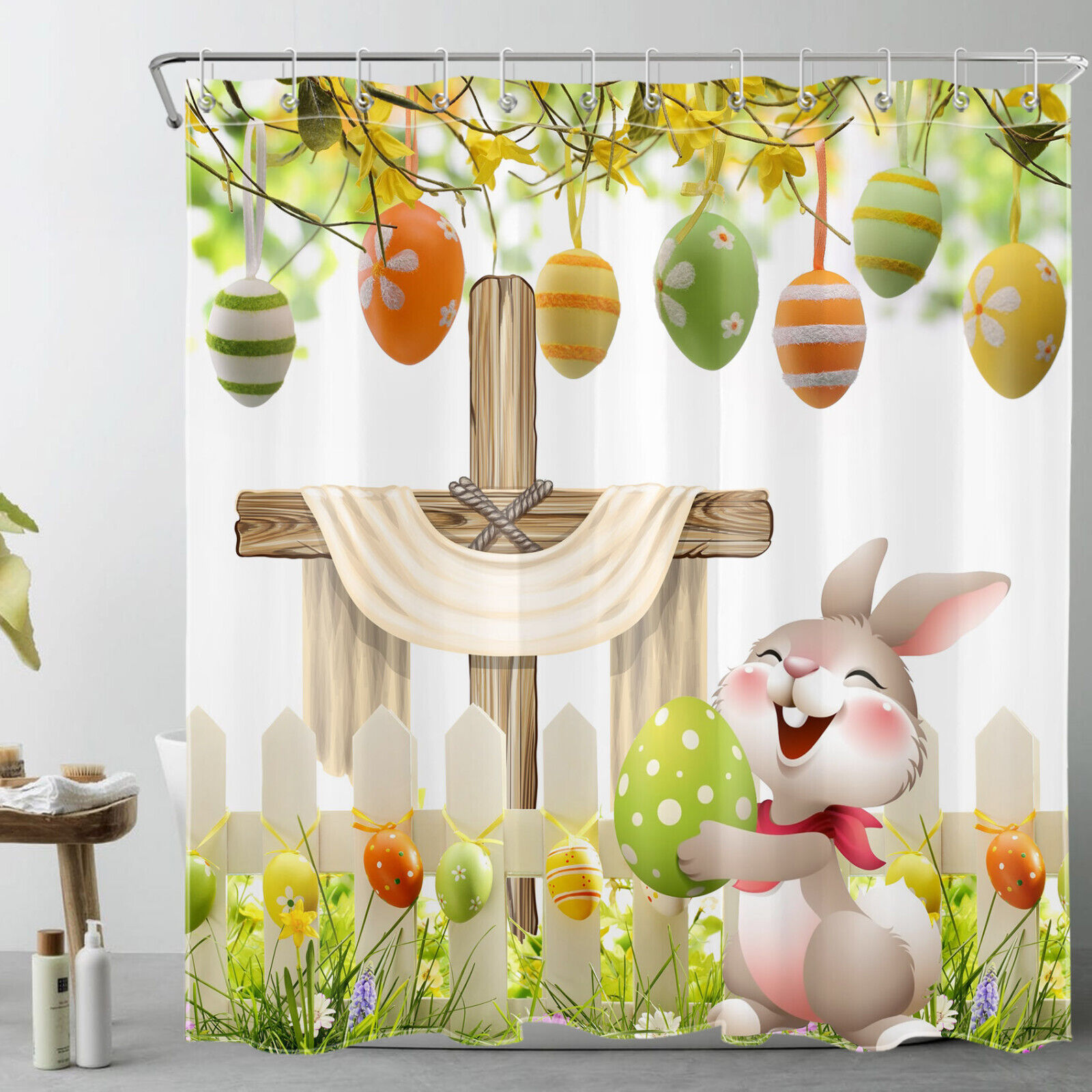 Cute Rabbit Easter Eggs Shower Curtain with Yellow Floral Design for a Festive Bathroom