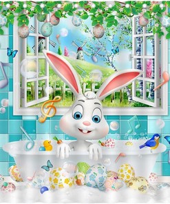 Cute Rabbit Easter Shower Curtain with Spring Colorful Easter Eggs for Kids Bathroom