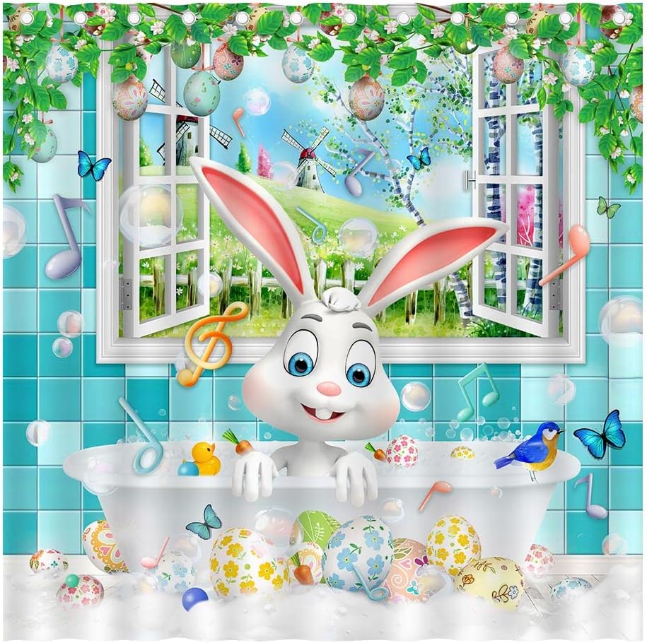 Cute Rabbit Easter Shower Curtain with Spring Colorful Easter Eggs for Kids Bathroom