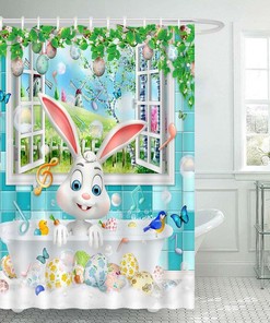 Cute Rabbit Easter Shower Curtain with Spring Colorful Easter Eggs for Kids Bathroom
