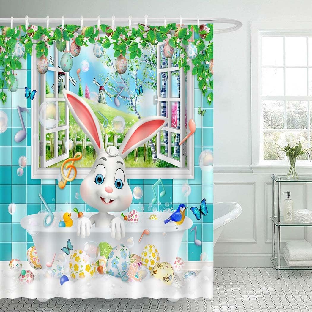 Cute Rabbit Easter Shower Curtain with Spring Colorful Easter Eggs for Kids Bathroom