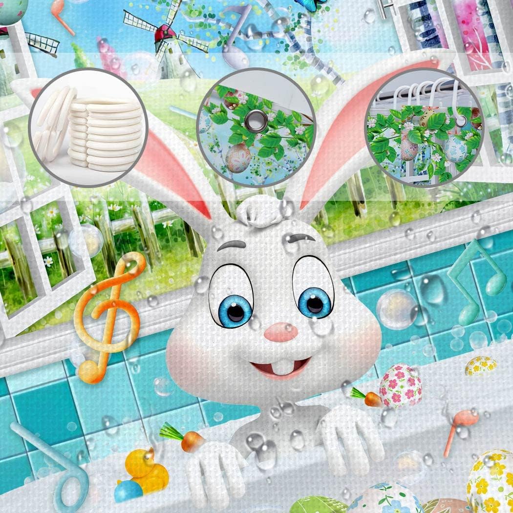 Cute Rabbit Easter Shower Curtain with Spring Colorful Easter Eggs for Kids Bathroom