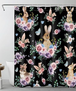 Cute Rabbit Floral Leaves Shower Curtain for Aesthetic Black Bathroom Decor