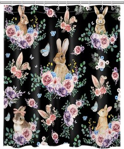 Cute Rabbit Floral Leaves Shower Curtain for Aesthetic Black Bathroom Decor