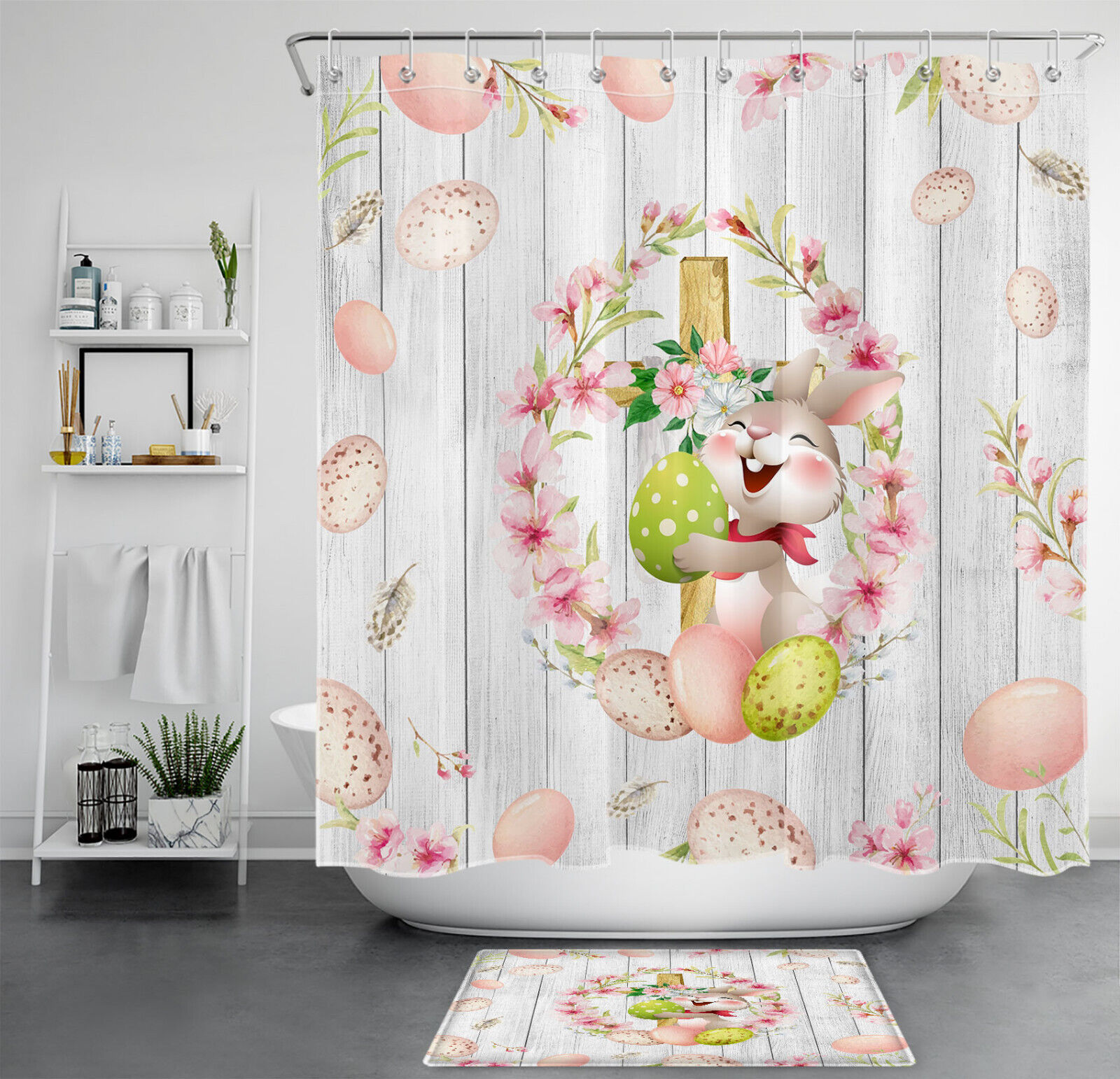 Cute Rabbit Pink Peach Blossom Easter Eggs Shower Curtain for a Charming Look