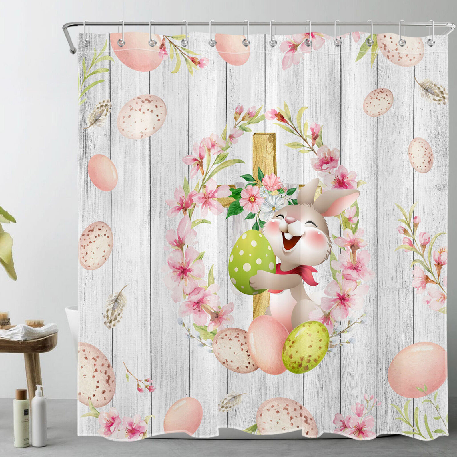 Cute Rabbit Pink Peach Blossom Easter Eggs Shower Curtain for a Charming Look