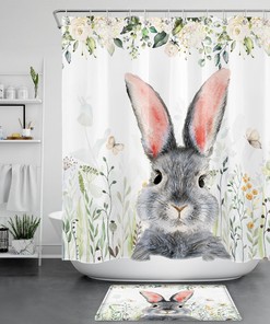 Cute Rabbit Shower Curtain with Pink Butterfly Floral Print for Bathroom Decor