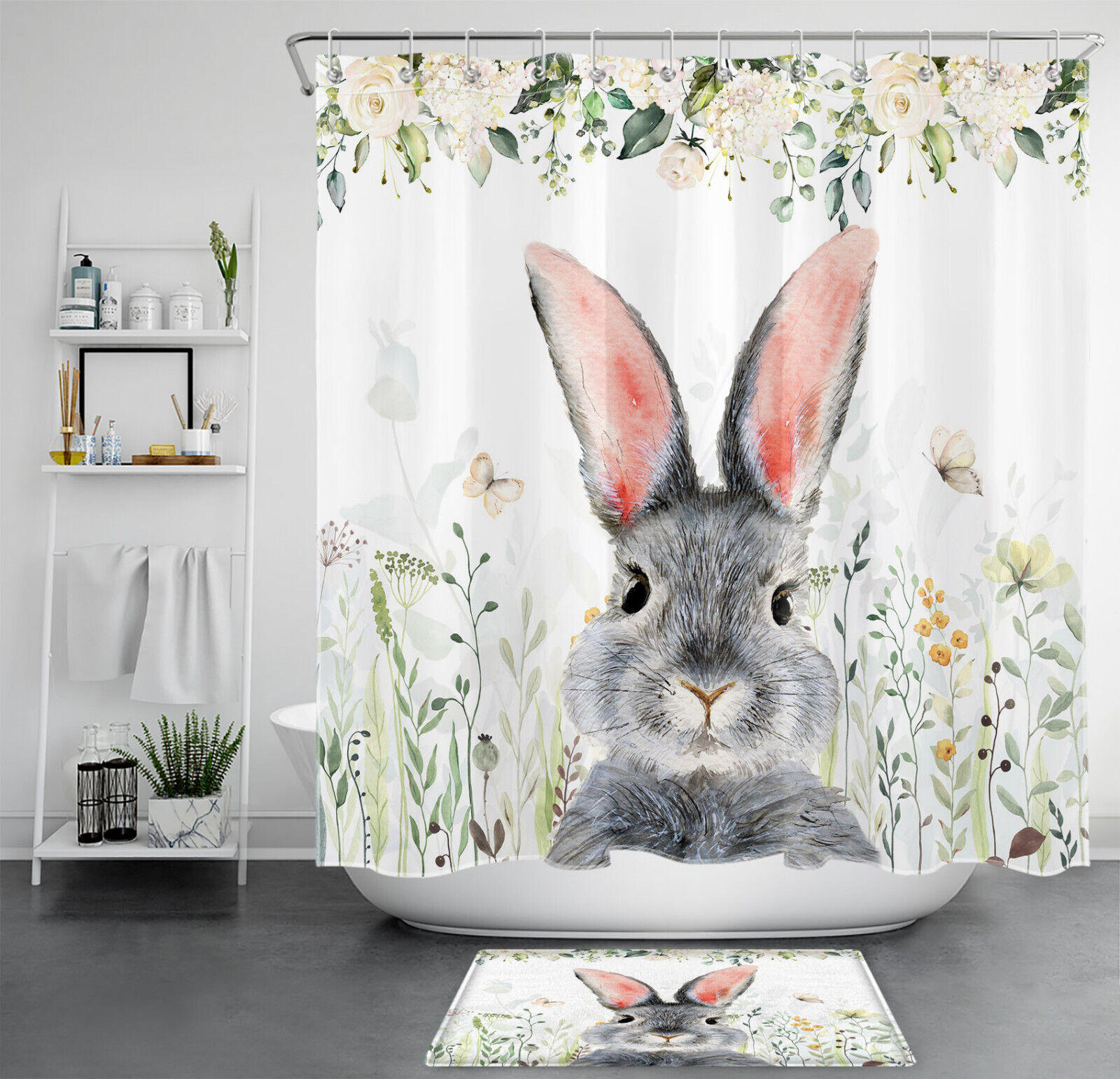 Cute Rabbit Shower Curtain with Pink Butterfly Floral Print for Bathroom Decor