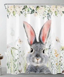 Cute Rabbit Shower Curtain with Pink Butterfly Floral Print for Bathroom Decor
