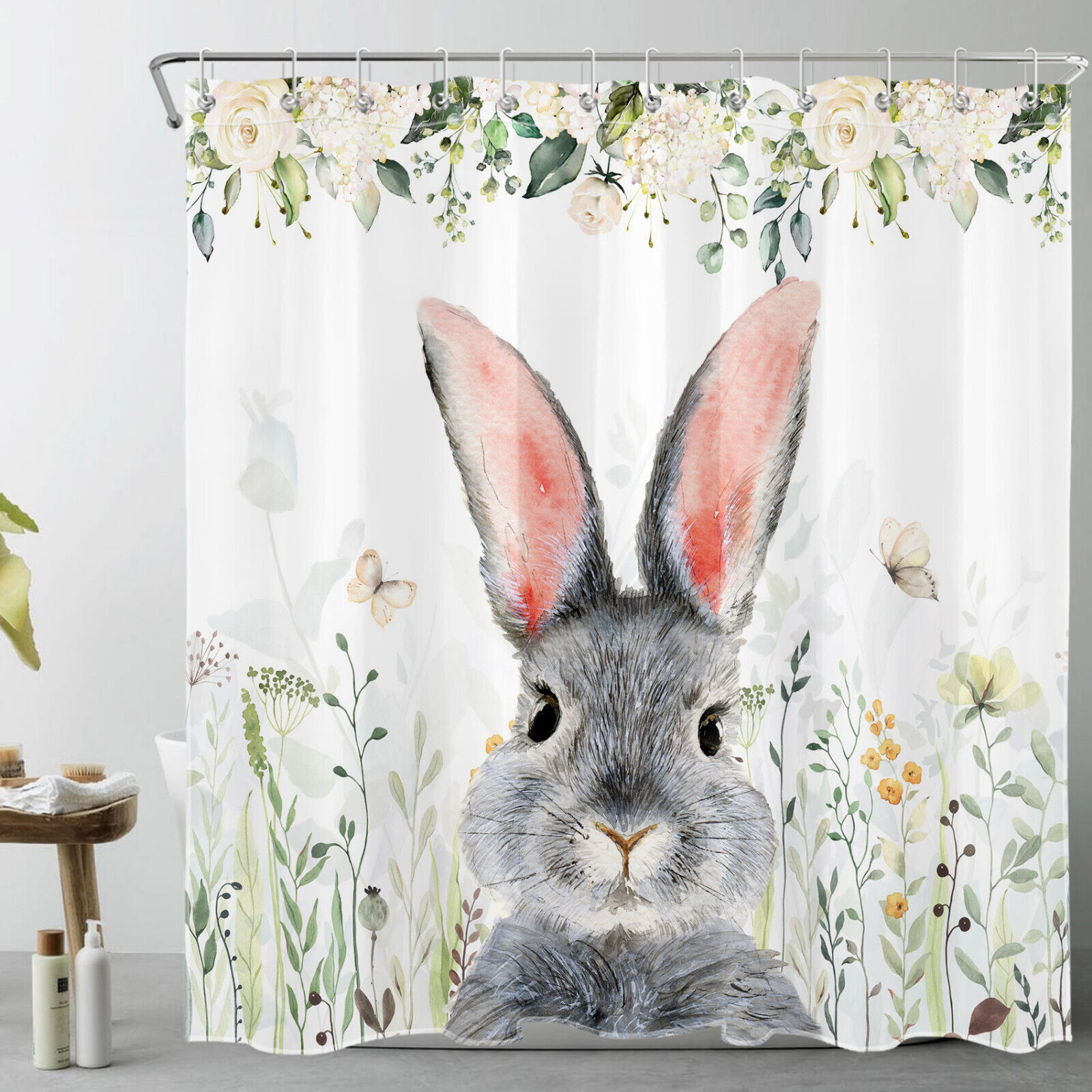 Cute Rabbit Shower Curtain with Pink Butterfly Floral Print for Bathroom Decor