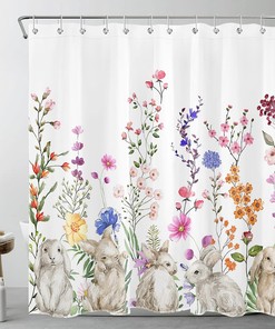 Cute Rabbit and Colorful Floral Green Leaf Botanical Spring Easter Shower Curtain