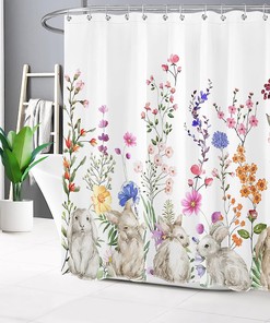 Cute Rabbit and Colorful Floral Green Leaf Botanical Spring Easter Shower Curtain