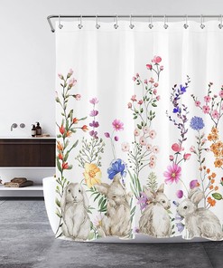Cute Rabbit and Colorful Floral Green Leaf Botanical Spring Easter Shower Curtain