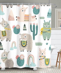 Cute Rainbow Llama Alpaca Cartoon Animal Shower Curtain for Kids Bathroom