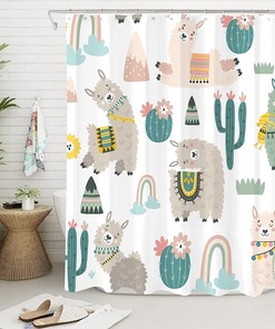 Cute Rainbow Llama Alpaca Cartoon Animal Shower Curtain for Kids Bathroom