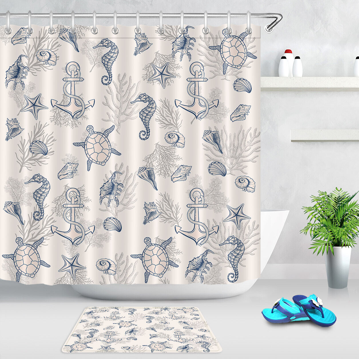 Cute Red Scarf Bear Shower Curtain, Sketch Bathroom Decor