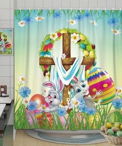 Cute Retro Bunny Rabbit And Easter Eggs Holiday Shower Curtain Set With Vintage Bathroom Shower Curtains