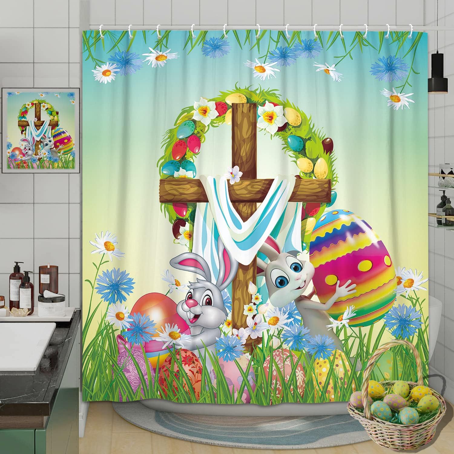 Cute Retro Bunny Rabbit And Easter Eggs Holiday Shower Curtain Set With Vintage Bathroom Shower Curtains