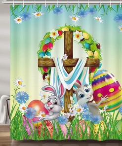 Cute Retro Bunny Rabbit And Easter Eggs Holiday Shower Curtain Set With Vintage Bathroom Shower Curtains