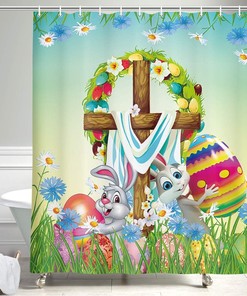 Cute Retro Bunny Rabbit And Easter Eggs Holiday Shower Curtain Set With Vintage Bathroom Shower Curtains