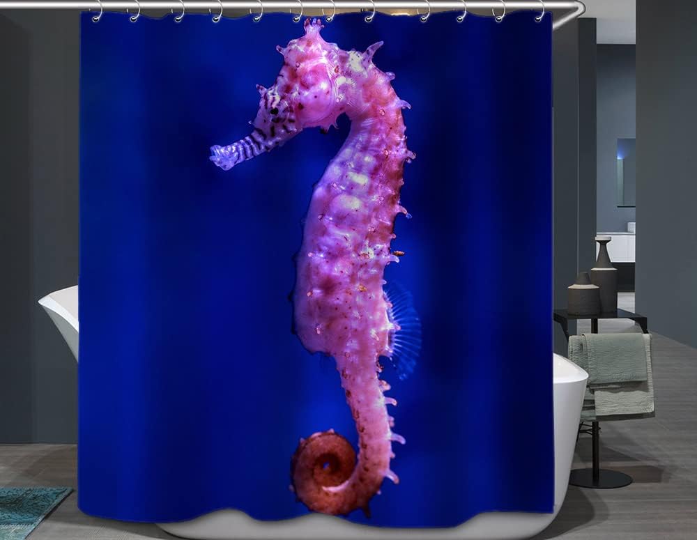 Cute Seahorse Poster on Blue Background Shower Curtain for Modern Baths