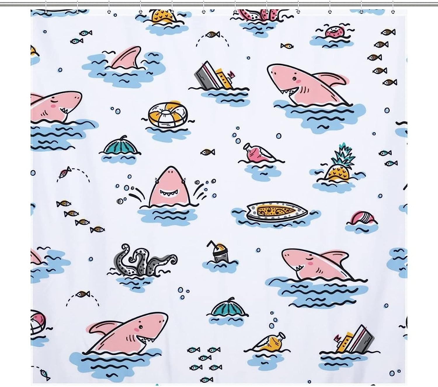 Cute Shark Doodles Fabric Bath Curtain For Bathroom Hotel - Waterproof Shower Curtain With Adorable Shark Doodles