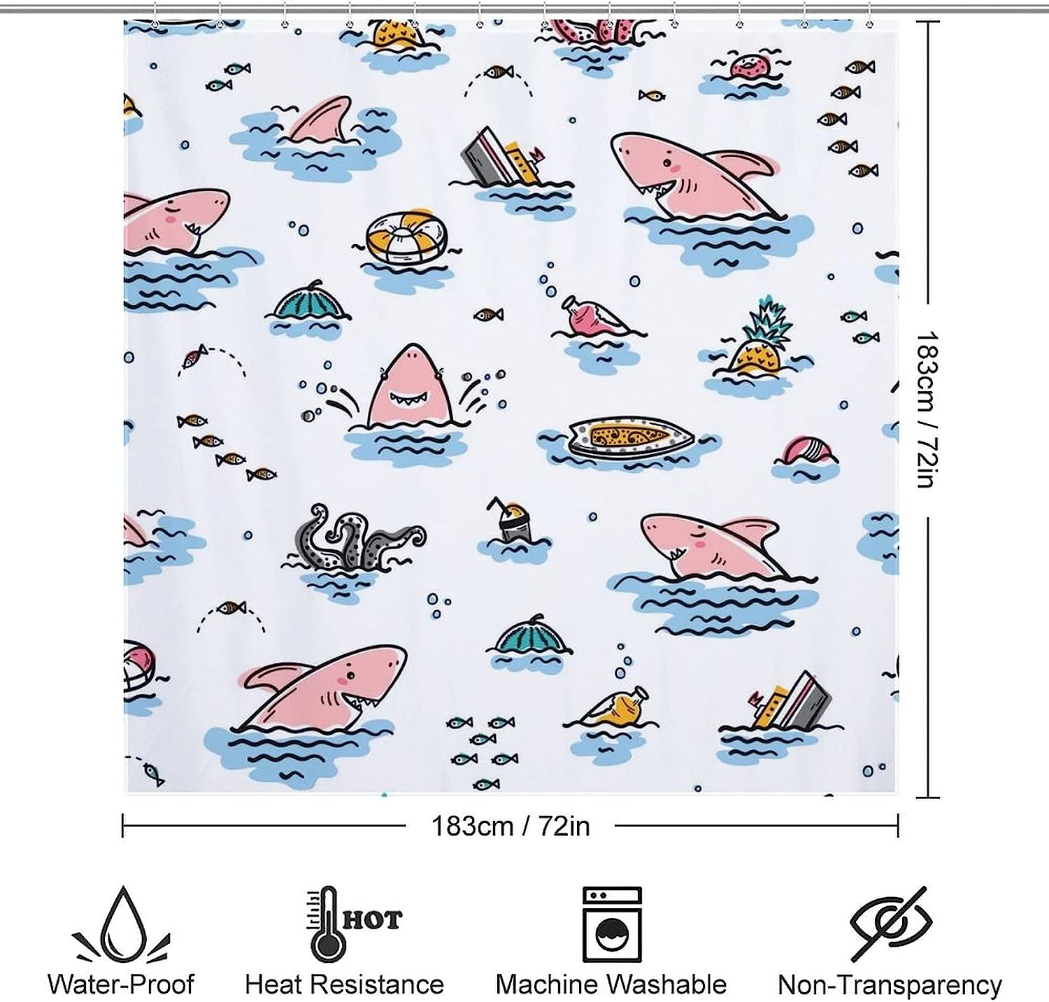 Cute Shark Doodles Fabric Bath Curtain For Bathroom Hotel - Waterproof Shower Curtain With Adorable Shark Doodles - Image 2