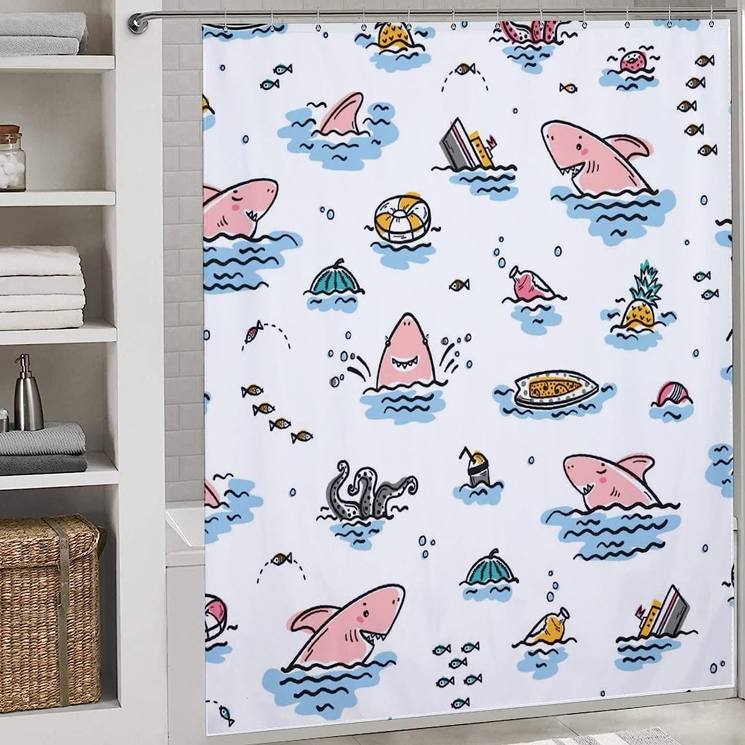 Cute Shark Doodles Fabric Bath Curtain For Bathroom Hotel - Waterproof Shower Curtain With Adorable Shark Doodles - Image 3
