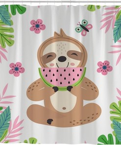 Cute Sloth Eating Watermelon Shower Curtain, Jungle Bathroom Decor