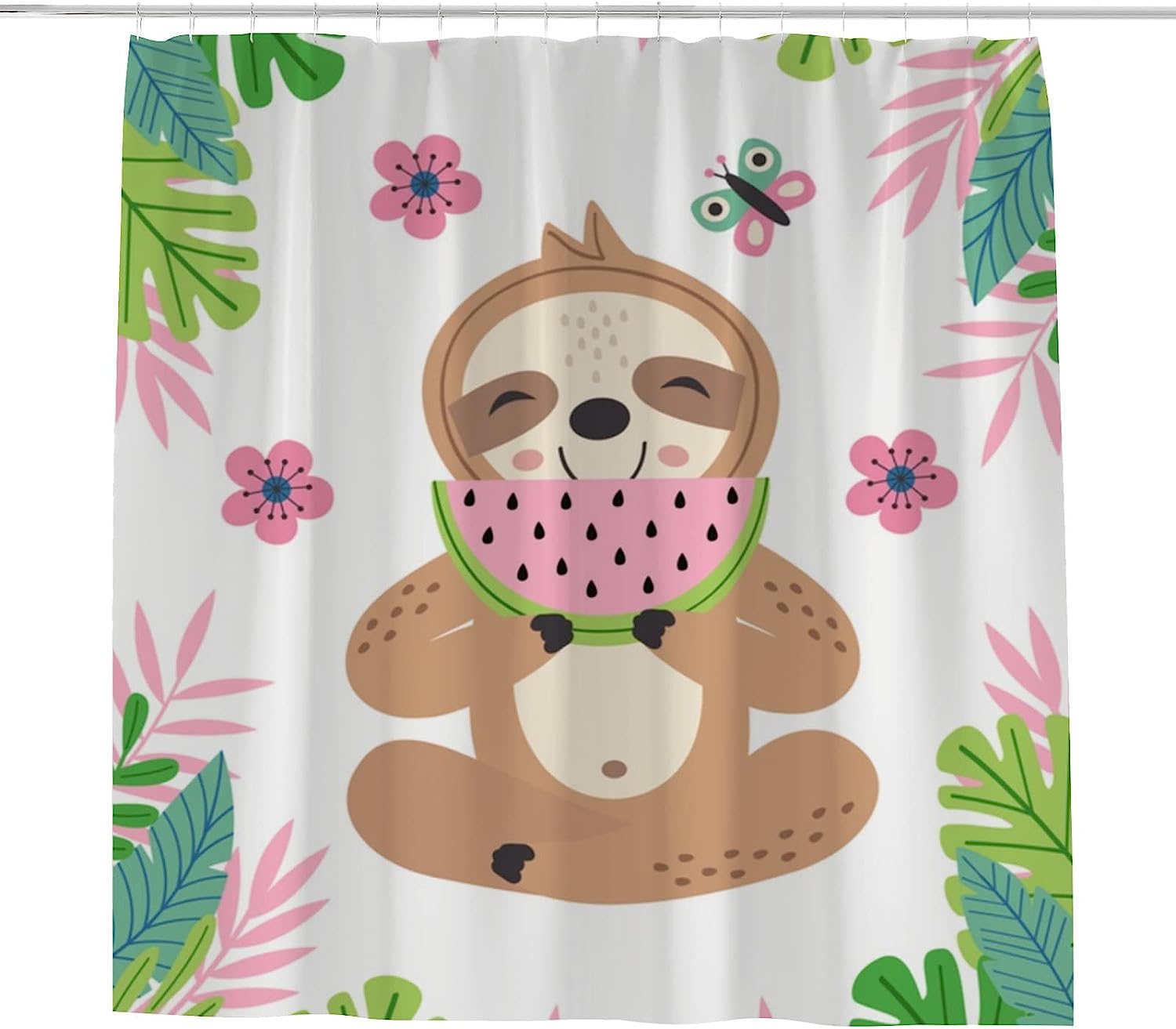 Cute Sloth Eating Watermelon Shower Curtain, Jungle Bathroom Decor