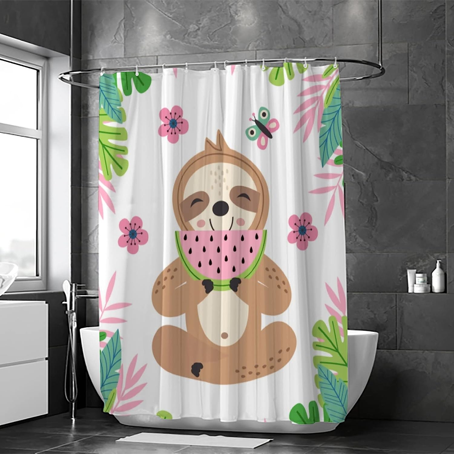 Cute Sloth Eating Watermelon Shower Curtain, Jungle Bathroom Decor - Image 2