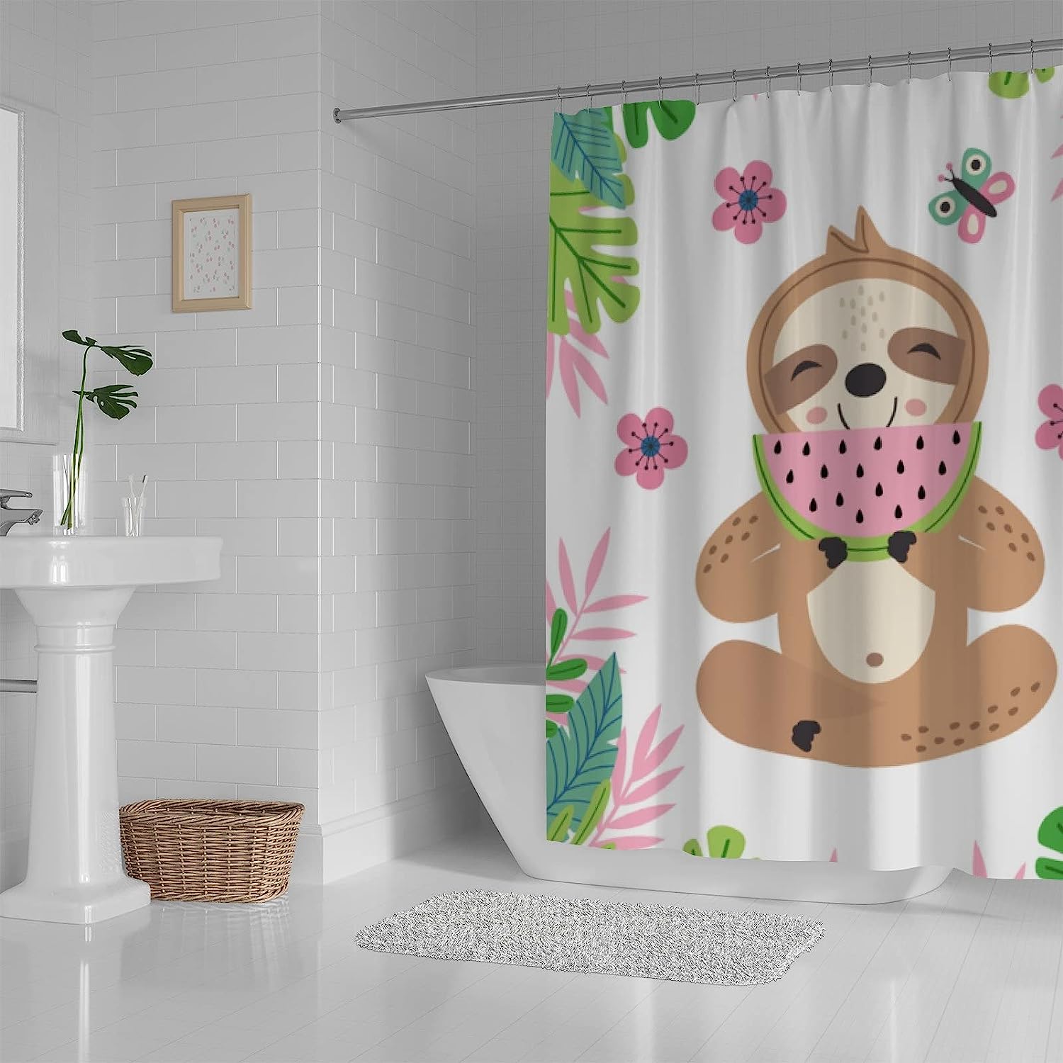 Cute Sloth Eating Watermelon Shower Curtain, Jungle Bathroom Decor - Image 3