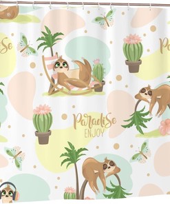 Cute Sloth Enjoy Shower Curtain Cactus Butterfly Coconut Tree, Summer Bathroom Printing Waterproof Fabric Curtain 