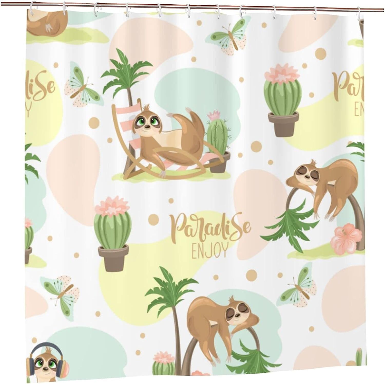 Cute Sloth Enjoy Shower Curtain Cactus Butterfly Coconut Tree, Summer Bathroom Printing Waterproof Fabric Curtain