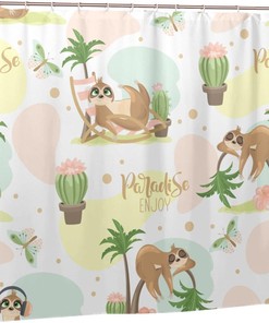 Cute Sloth Enjoy Shower Curtain Cactus Butterfly Coconut Tree, Summer Bathroom Printing Waterproof Fabric Curtain