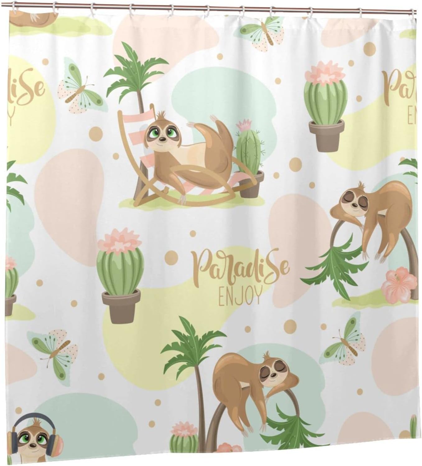 Cute Sloth Enjoy Shower Curtain Cactus Butterfly Coconut Tree, Summer Bathroom Printing Waterproof Fabric Curtain