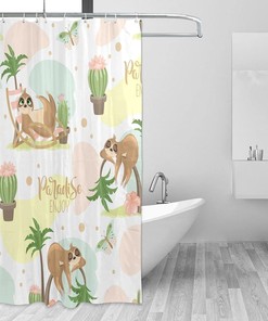 Cute Sloth Enjoy Shower Curtain Cactus Butterfly Coconut Tree, Summer Bathroom Printing Waterproof Fabric Curtain