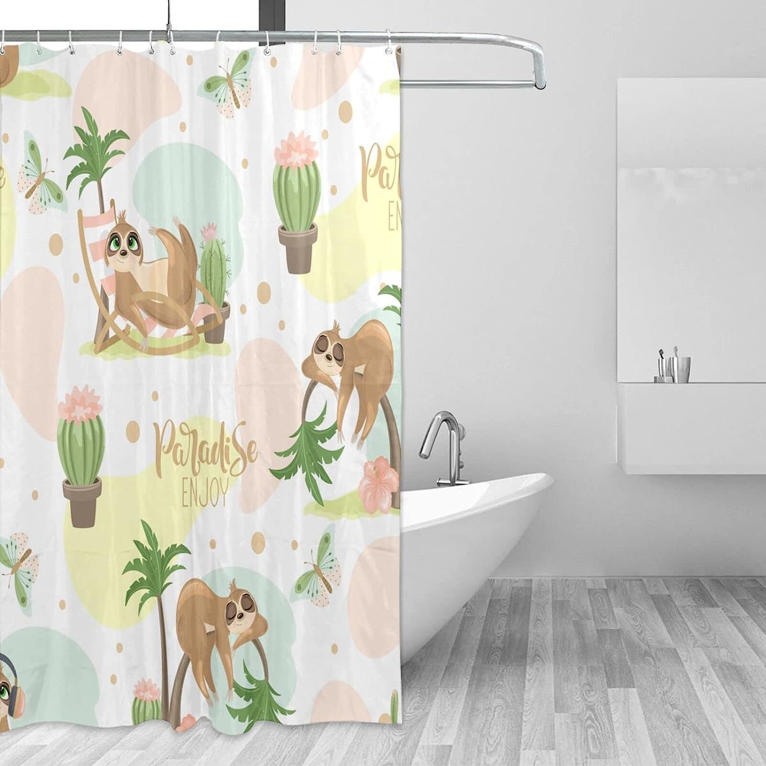 Cute Sloth Enjoy Shower Curtain Cactus Butterfly Coconut Tree, Summer Bathroom Printing Waterproof Fabric Curtain