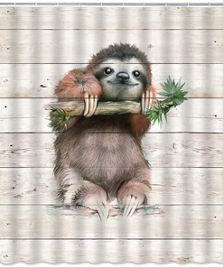 Cute Sloth Print Shower Curtain with Rustic Wooden Board Background for Kids Bathroom