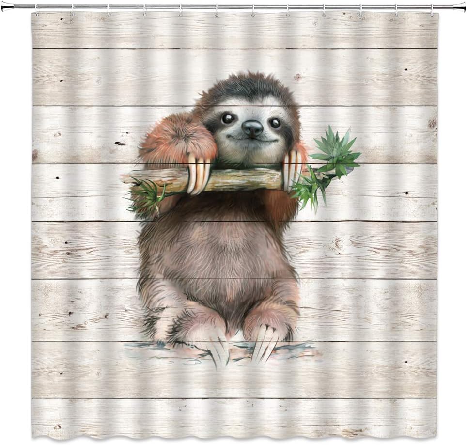 Cute Sloth Print Shower Curtain with Rustic Wooden Board Background for Kids Bathroom