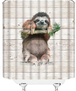 Cute Sloth Print Shower Curtain with Rustic Wooden Board Background for Kids Bathroom