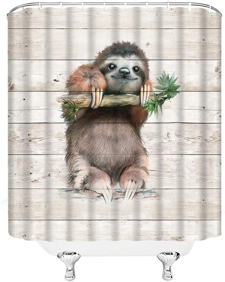Cute Sloth Print Shower Curtain with Rustic Wooden Board Background for Kids Bathroom