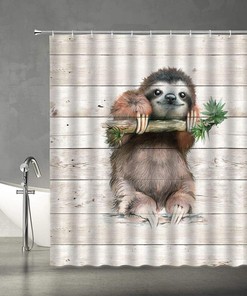 Cute Sloth Print Shower Curtain with Rustic Wooden Board Background for Kids Bathroom